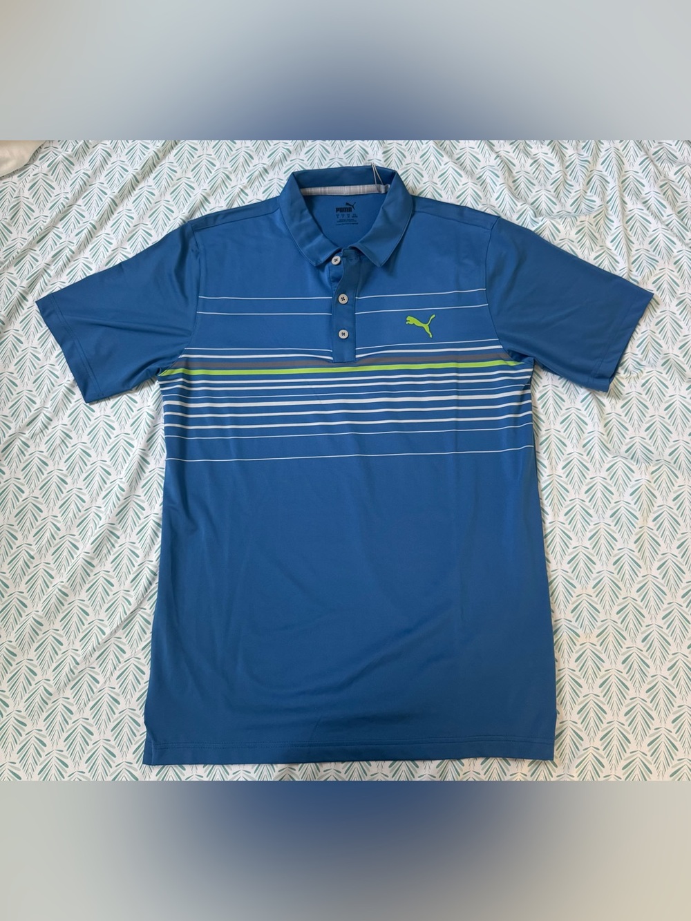 Puma Blue Polo with Lime and White Stripes
